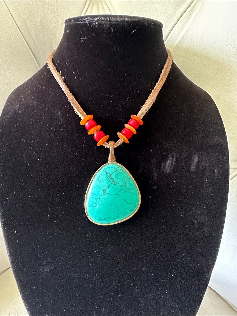 Turquoise Teardrop Pendant Necklace with Red Accent Beads - Women Jewelry